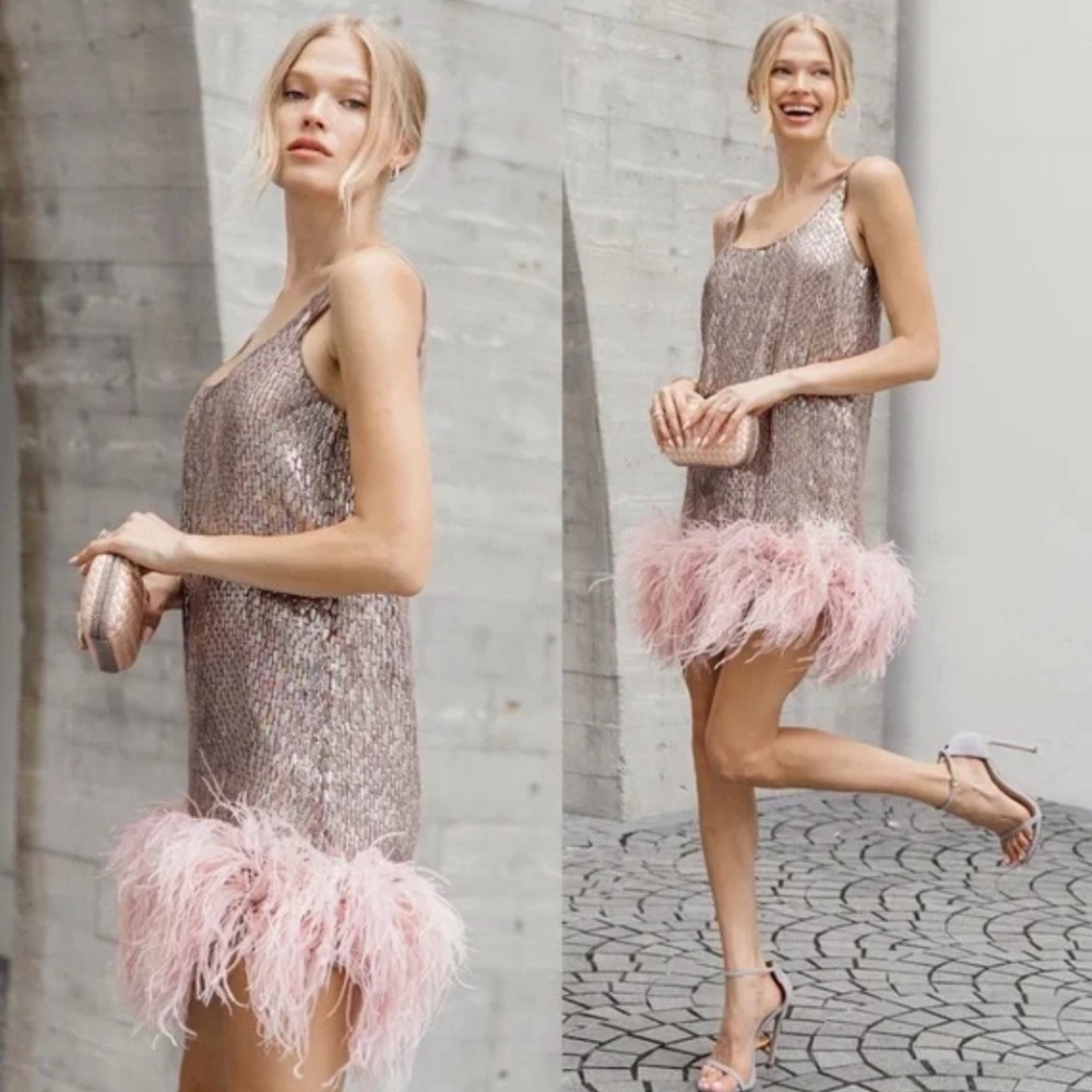 ALEXIS TAYLOR SWIFT Zaire Iridescent Ostrich Feather Pink Dress Cocktail XS